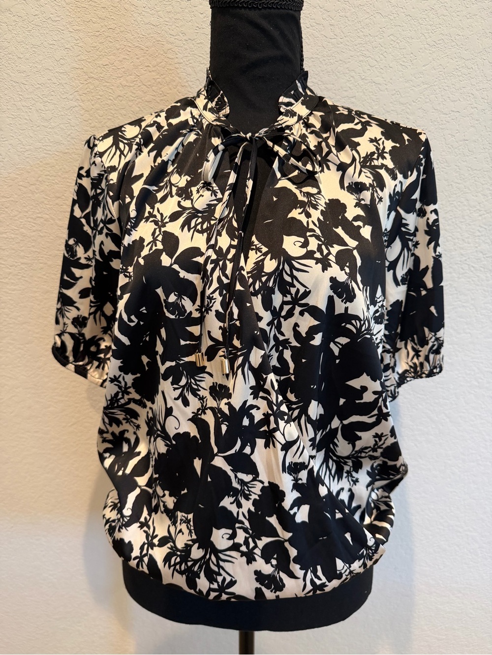 INC International Concepts Black and White Floral Tie-Neck Blouse